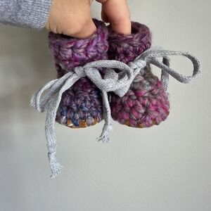 Handmade Crochet Baby Booties with Gray Laces